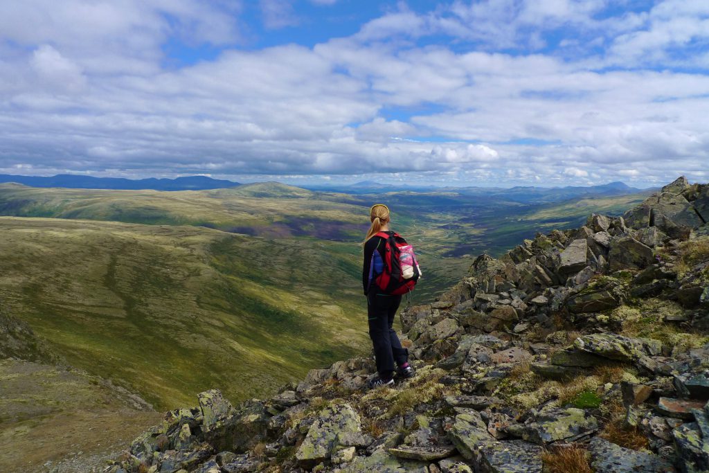 Fra toppen ved Kattuglehøe kan vi se Grimsdalen, Dovrefjell, Rondane og Jotunheimen.